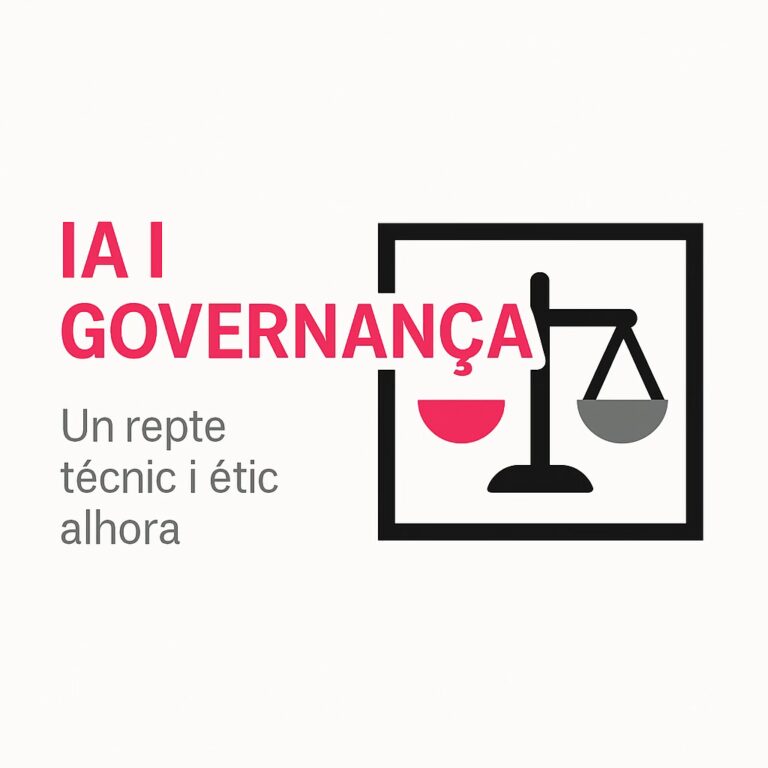 IA i Governança: un repte tècnic i ètic alhora, balança minimalista amb plats fúcsia i gris dins un marc negre
