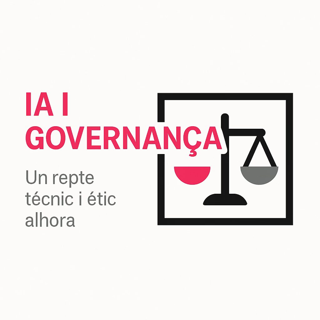 IA i Governança: un repte tècnic i ètic alhora, balança minimalista amb plats fúcsia i gris dins un marc negre