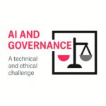 AI and Governance: a technical and ethical challenge, minimalist balance scale with magenta and grey pans inside a black frame