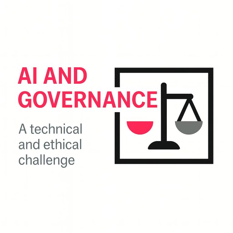 AI and Governance: a technical and ethical challenge, minimalist balance scale with magenta and grey pans inside a black frame
