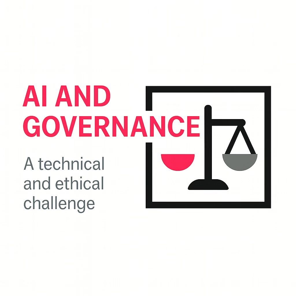 AI and Governance: a technical and ethical challenge, minimalist balance scale with magenta and grey pans inside a black frame