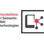 Minimalist illustration of a book combined with a neural network diagram, symbolising the foundations of Semantic Web Technologies, in DeGalaLab corporate colours (fuchsia, blue, grey) on a white background.