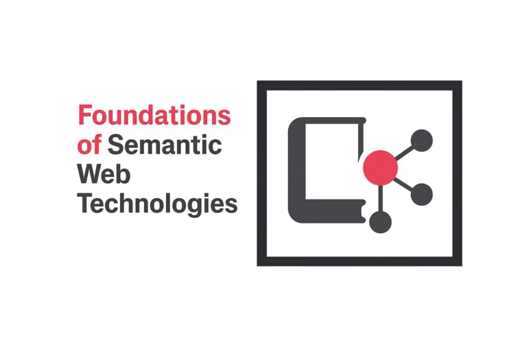Minimalist illustration of a book combined with a neural network diagram, symbolising the foundations of Semantic Web Technologies, in DeGalaLab corporate colours (fuchsia, blue, grey) on a white background.