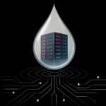 Il·lustració conceptual d’un centre de dades dins d’una gota d’aigua, amb servidors il·luminats en blau i fúcsia, simbolitzant el consum d’aigua i energia dels data centers