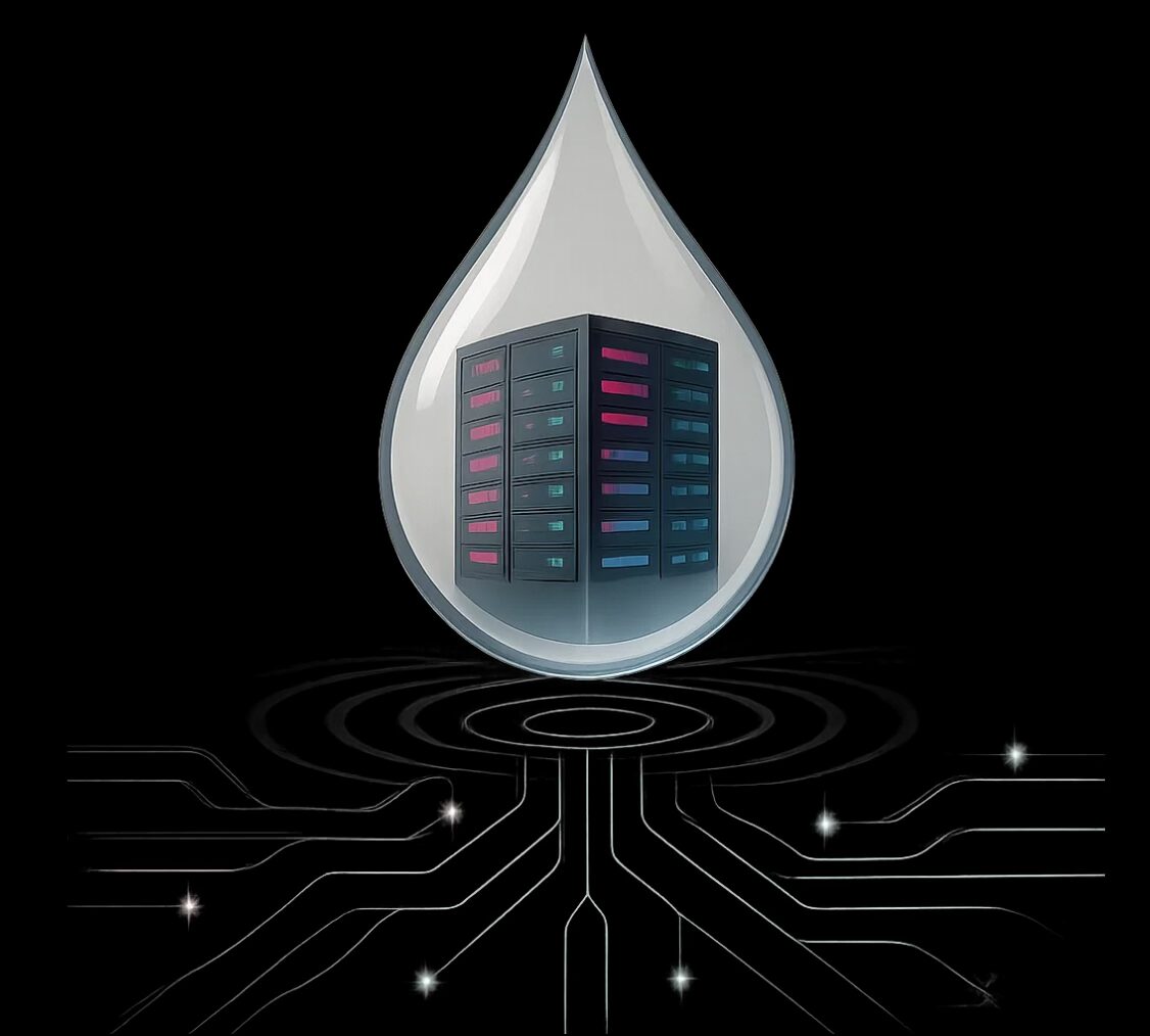 Il·lustració conceptual d’un centre de dades dins d’una gota d’aigua, amb servidors il·luminats en blau i fúcsia, simbolitzant el consum d’aigua i energia dels data centers