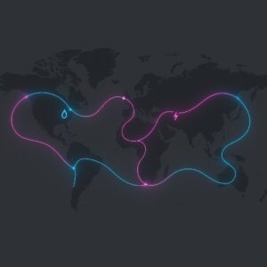 Mapa del món amb línies brillants en blau i fúcsia que simbolitzen cables submarins i autopistes digitals de dades, amb icones d’aigua i electricitat per representar el consum dels data centers.
