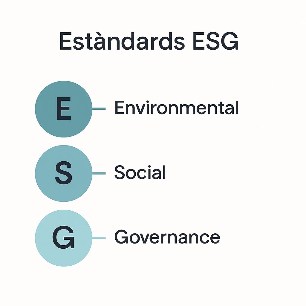 Infografia minimalista dels estàndards ESG amb tres cercles etiquetats: E (Environmental), S (Social) i G (Governance).