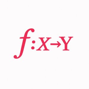 Minimalist icon representing a mathematical function with notation f: X → Y in corporate fuchsia (#FC3869) on a white background, deGalaLab style.