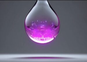 Imatge conceptual d’una gota d’aigua fúcsia en suspensió amb circuits digitals brillants a l’interior, simbolitzant la connexió entre el consum d’aigua i la tecnologia dels data centers