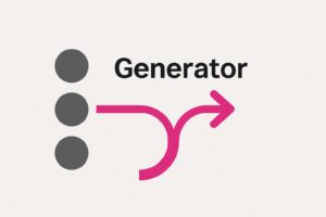 Icona minimalista que representa el concepte &ldquo;Generador&rdquo; en Python: tres punts grisos a l&rsquo;esquerra i una fletxa f&uacute;csia corba que simbolitza el flux seq&uuml;encial dels valors produ&iuml;ts amb yield. Estil modern i tecnol&ograve;gic, paleta de colors deGalaLab (#FC3869 i tons grisos)