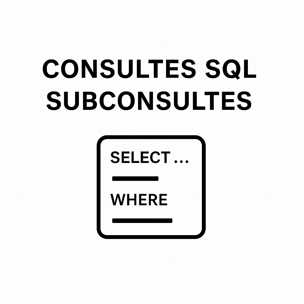 Icona minimalista que representa una subconsulta SQL, amb les paraules SELECT… WHERE dins d’un quadrat, símbol d’una consulta dins d’una altra. Estil visual net i geomètric en tons grisos amb accent fúcsia corporatiu de DeGalaLab.