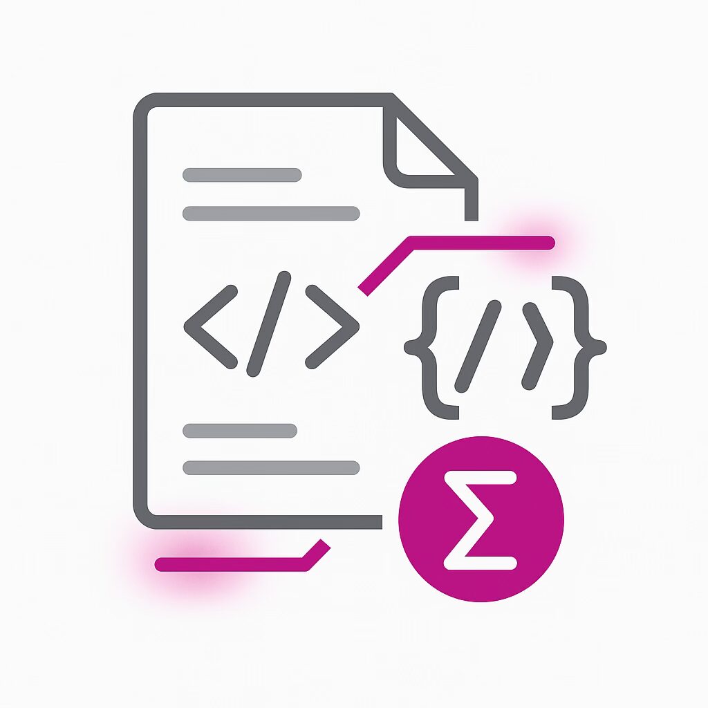 Minimalist DeGalaLab-style icon representing manual insertion of JSON-LD code in an SQL post, featuring code and aggregation symbols.