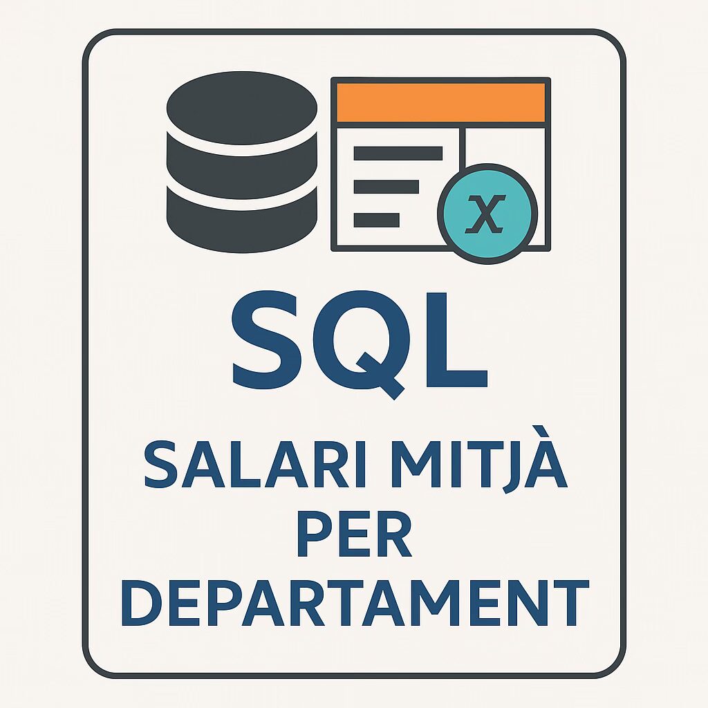 Icona minimalista estil DeGalaLab que representa una consulta SQL per calcular el salari mitjà per departament, amb símbol de base de dades i funció d'agregació. / Minimalist DeGalaLab-style icon representing an SQL query calculating average salary by department, featuring a database symbol and aggregation function.