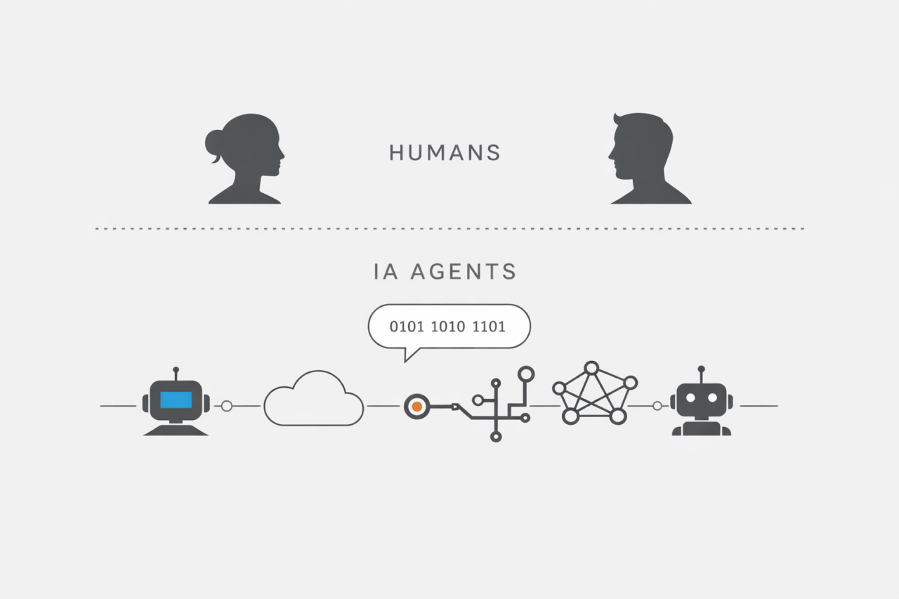 Gr&agrave;fic conceptual amb dues figures humanes a la part superior i una xarxa d&rsquo;agents d&rsquo;intel&middot;lig&egrave;ncia artificial connectats a la part inferior, representant una internet h&iacute;brida hum&agrave;-agent.