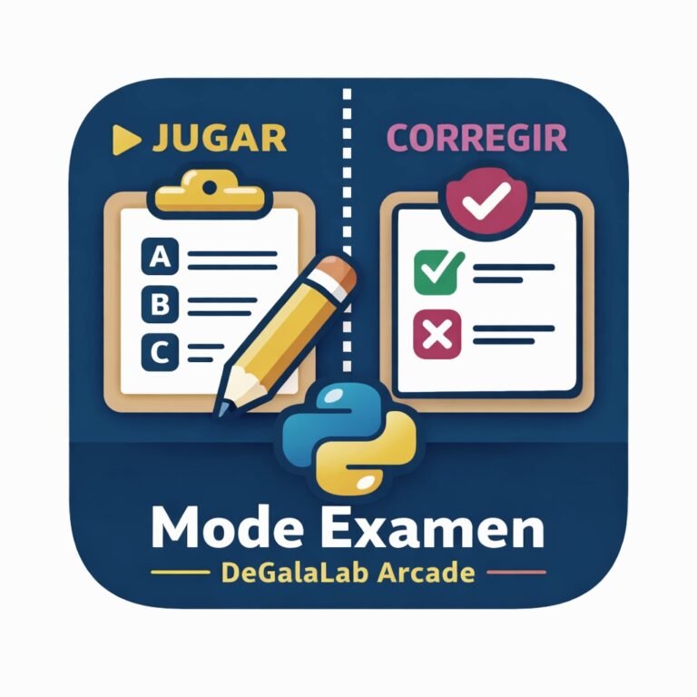 Icona minimalista del mode examen d’un quiz en Python, amb separació entre jugar i corregir (DeGalaLab Arcade)