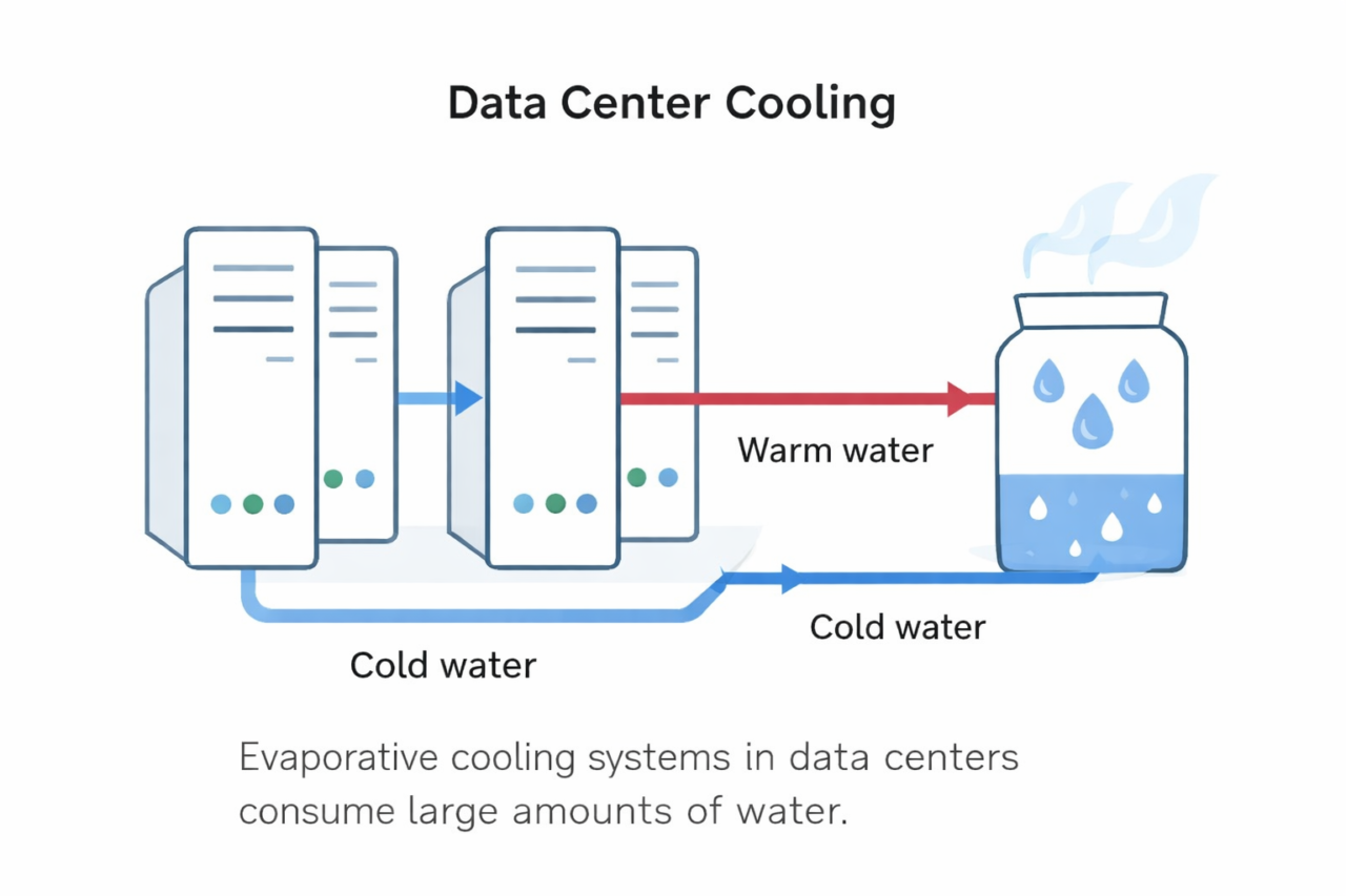 Data center cooling system showing water consumption through evaporative cooling