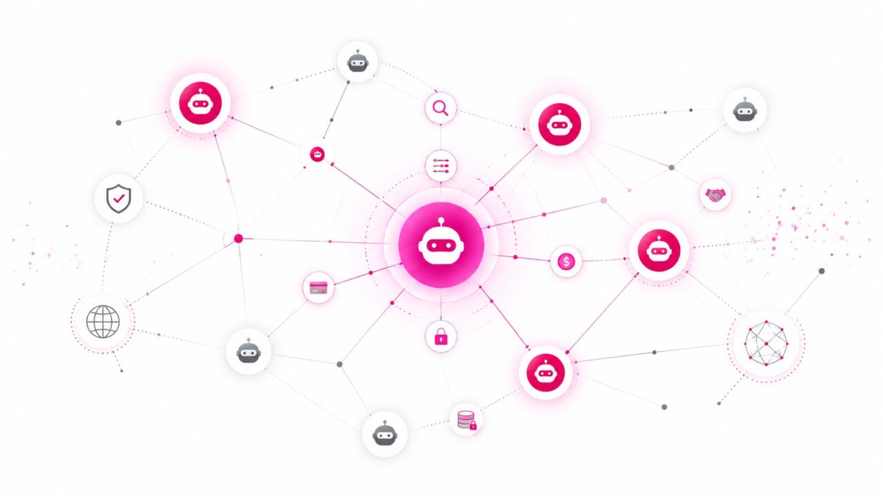 Network of interconnected artificial intelligence agents exchanging data, services and payments within a new digital economy, with elements representing governance, identity, security and interoperability.