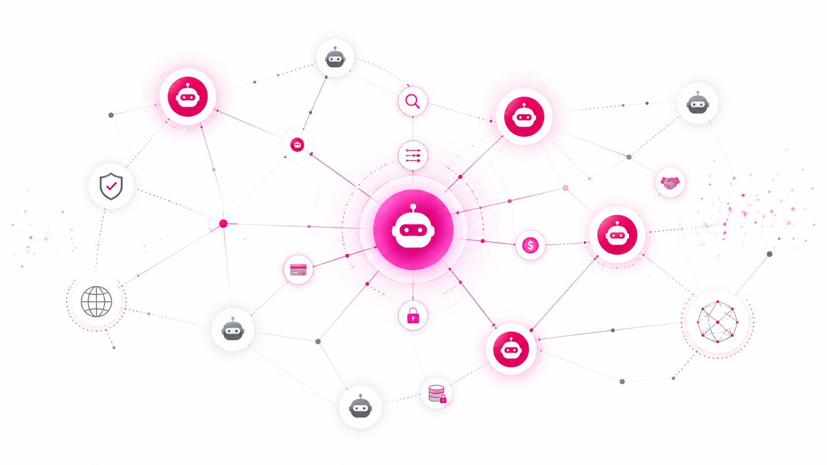 Network of interconnected artificial intelligence agents exchanging data, services and payments within a new digital economy, with elements representing governance, identity, security and interoperability.